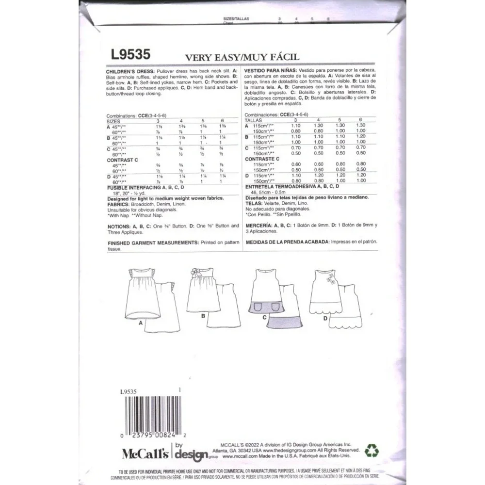 McCalls L9535 Childrens Dress Sewing Pattern Sz 3-6 Pullover Ruffle Bow Scallop